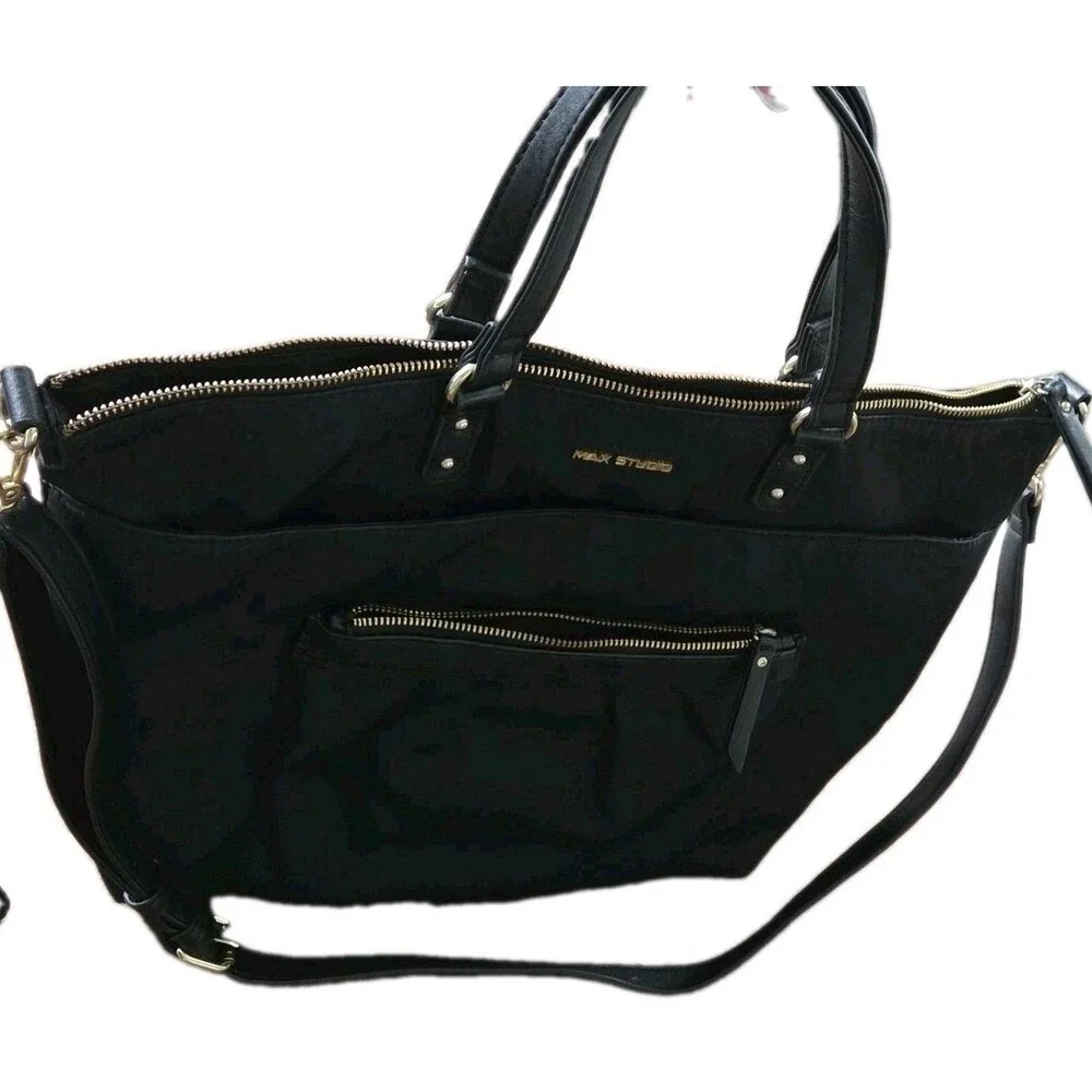 MAX STUDIO Black Satchel Top Handle Bag, Zip, Detachable Adjustable Strap, Gold